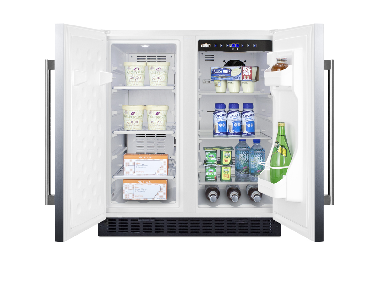 Frost-free side-by-side refrigerator-freezer for built-in or freestanding use with white cabinet, stainless steel doors, door storage, and digital controls